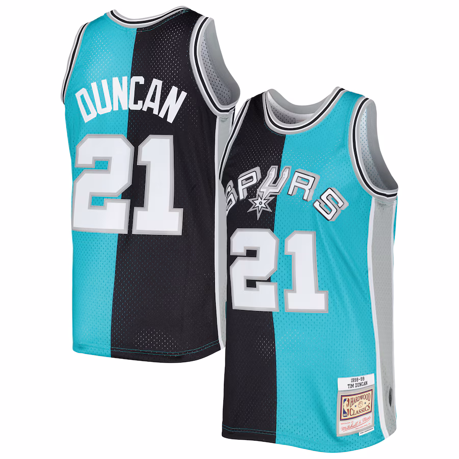 Men's San Antonio Spurs Tim Duncan Mitchell & Ness Black/Teal Hardwood Classics 1998/99 Split Swingman Jersey - ujerseystore