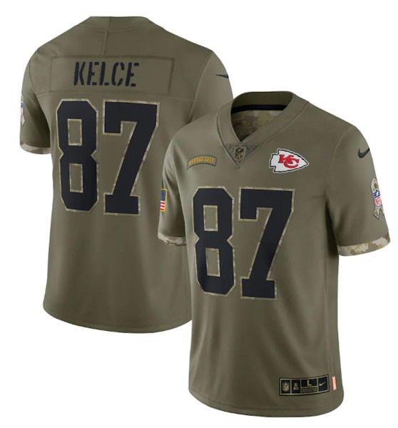 Men's Kansas City Chiefs #87 Travis Kelce 2022 Olive Salute To Service Limited Stitched Jersey - ujerseystore