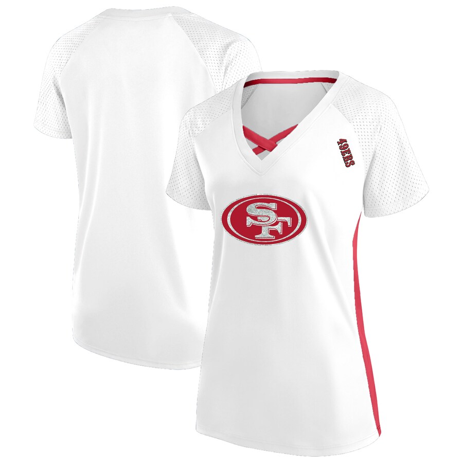 Women's San Francisco 49ers Fanatics White Plus Size Glitter Lace-Up V- Neck T-Shirt - ujerseystore