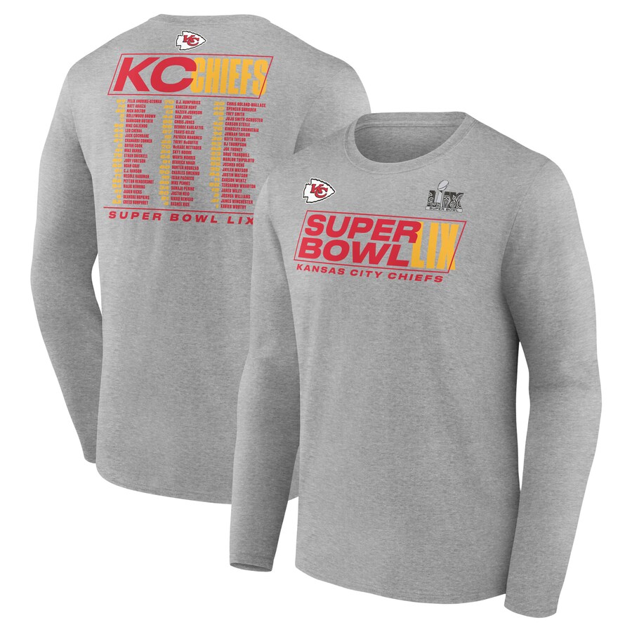Men's Kansas City Chiefs  Fanatics Heather Gray Super Bowl LIX Roster Long Sleeve T-Shirt - ujerseystore