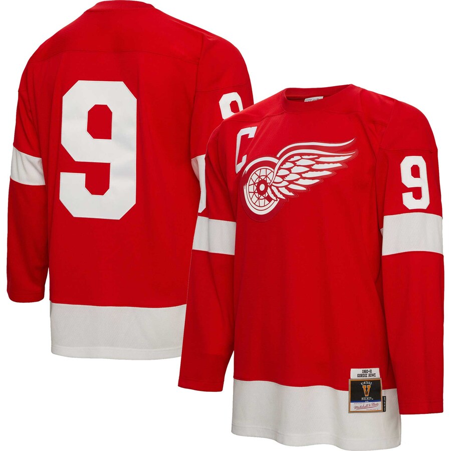 Men's Detroit Red Wings Gordie Howe Mitchell & Ness Red 1960/61 Captain Patch Blue Line Player Jersey - ujerseystore