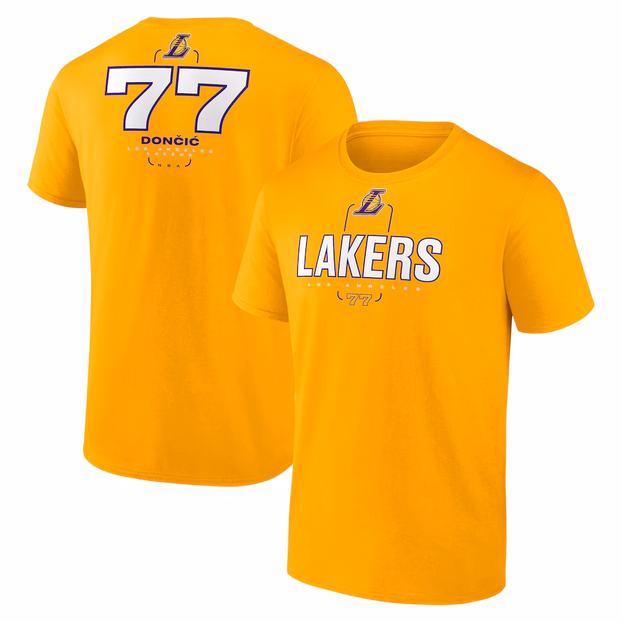 Men's Los Angeles Lakers Luka Dončić Fanatics Gold Behind The Back Name & Number T-Shirt - ujerseystore