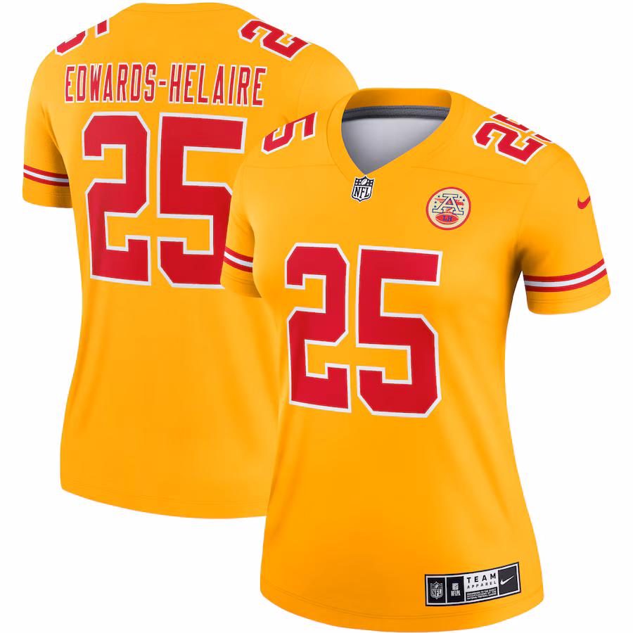 Women's Kansas City Chiefs Clyde Edwards-Helaire Nike Gold Inverted Legend Player Performance Top - ujerseystore