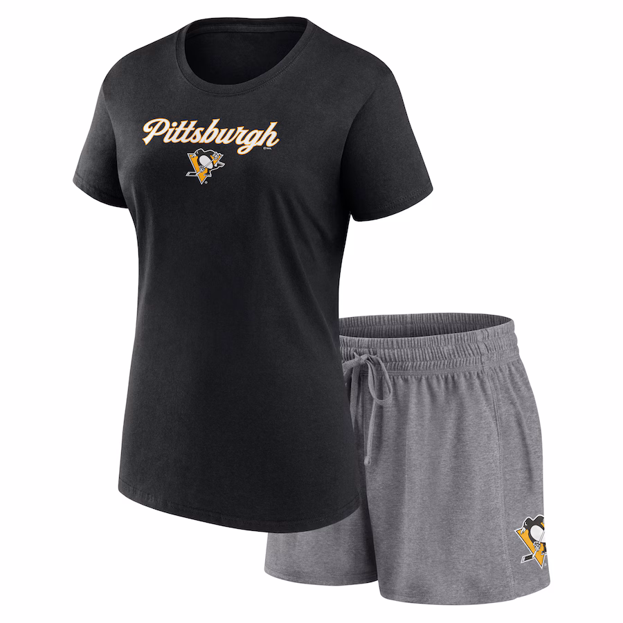 Women's Pittsburgh Penguins Fanatics Black/Gray Script T-Shirt & Shorts Set - ujerseystore