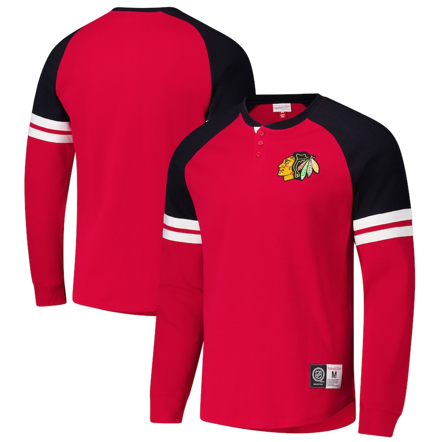 Men's Chicago Blackhawks Mitchell & Ness Red Thermal Henley Long Sleeve T-Shirt - ujerseystore