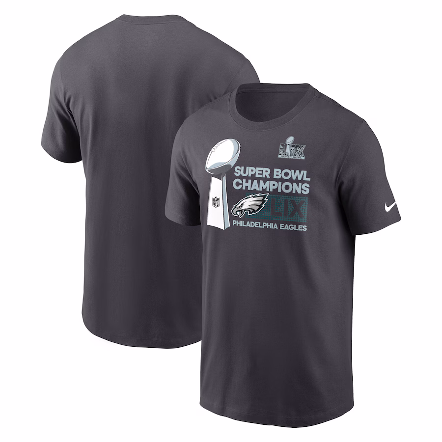 Men's Philadelphia Eagles Nike Anthracite Super Bowl LIX Champions Tall Locker Room Trophy Collection T-Shirt - ujerseystore