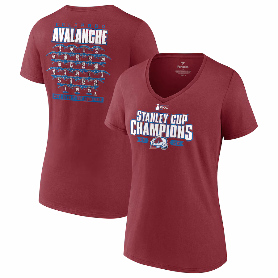 Women's Colorado Avalanche Fanatics Burgundy 2022 Stanley Cup Champions Jersey Roster V-Neck T-Shirt - ujerseystore
