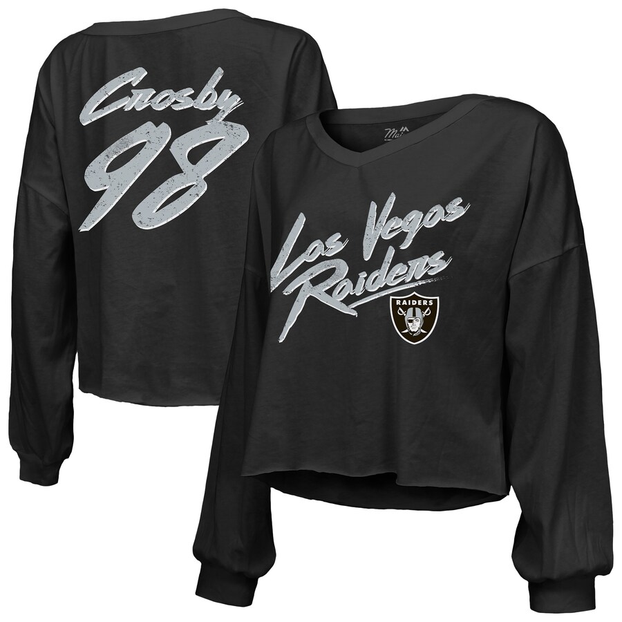Women's Las Vegas Raiders Maxx Crosby Majestic Threads Black Off-Shoulder Script Player Name & Number Cropped Long Sleeve V-Neck T-Shirt - ujerseystore