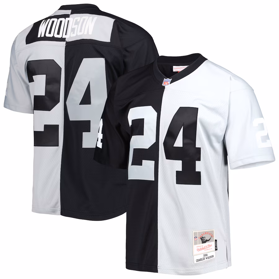 Men's Las Vegas Raiders Charles Woodson Mitchell & Ness Black/Silver 1998 Split Legacy Replica Jersey - ujerseystore