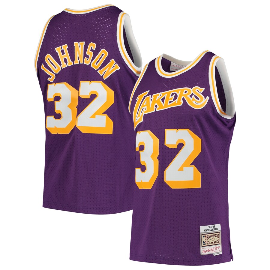 Men's Los Angeles Lakers Magic Johnson Mitchell & Ness Purple 1984/85 Hardwood Classics Swingman Jersey - ujerseystore