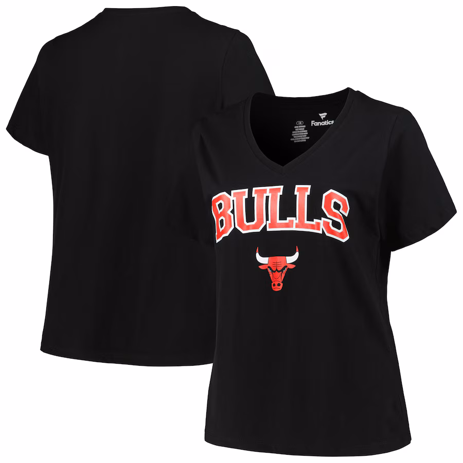 Women's Chicago Bulls Profile Black Plus Size Arch Over Logo V-Neck T-Shirt - ujerseystore
