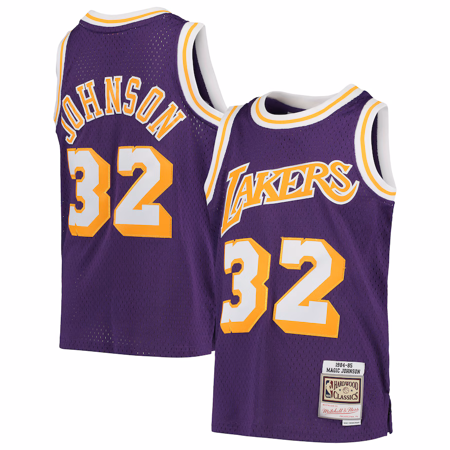 Youth Los Angeles Lakers Magic Johnson Mitchell & Ness Purple 1984-85 Hardwood Classics Swingman Throwback Jersey - ujerseystore