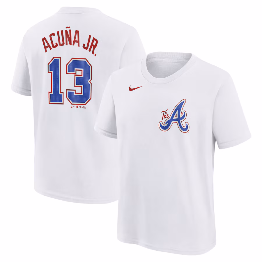 Youth Atlanta Braves Ronald Acuña Jr. Nike White Fuse City Connect Name & Number T-Shirt - ujerseystore