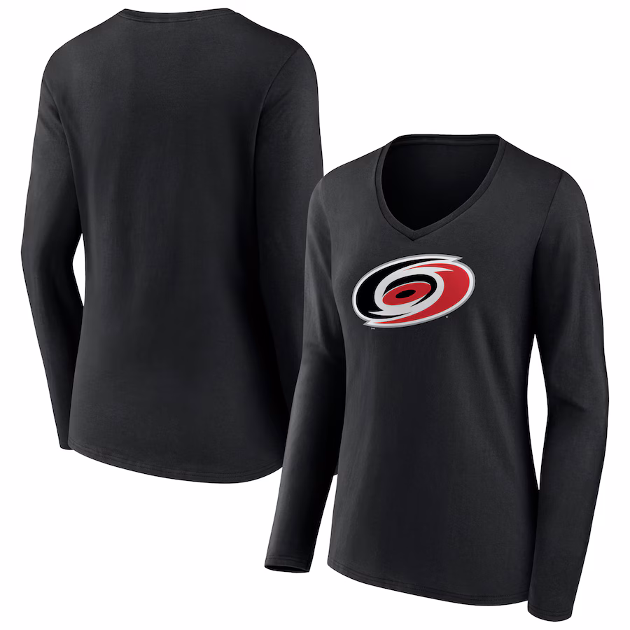 Women's Carolina Hurricanes Black Primary Team Logo Long Sleeve V-Neck T-Shirt - ujerseystore