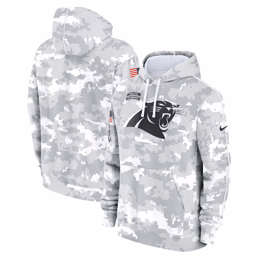 Men's Carolina Panthers Nike Arctic Camo 2024 Salute to Service Club Fleece Pullover Hoodie - ujerseystore
