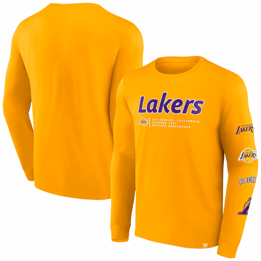 Men's Los Angeles Lakers Fanatics Gold Baseline Long Sleeve T-Shirt - ujerseystore