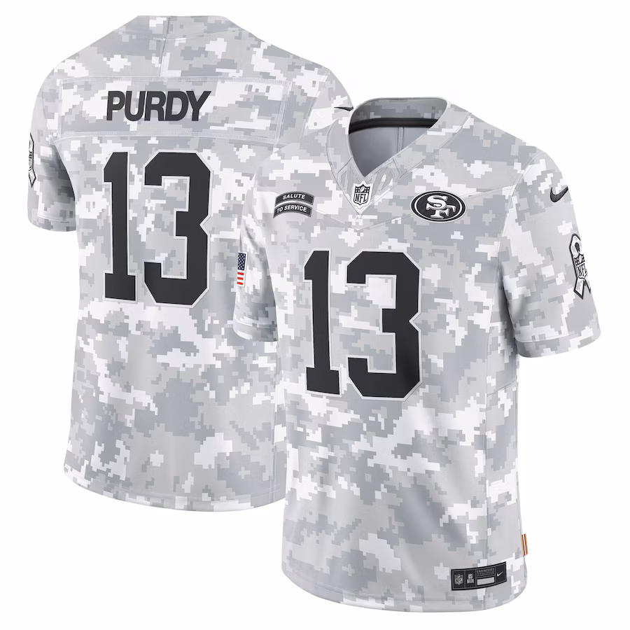 Men's San Francisco 49ers Brock Purdy Nike Arctic Camo 2024 Salute to Service Limited Jersey - ujerseystore