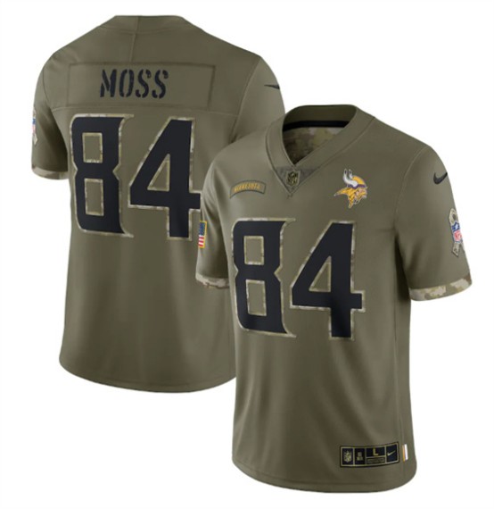 Men's Minnesota Vikings #84 Randy Moss 2022 Olive Salute To Service Limited Stitched Jersey - ujerseystore