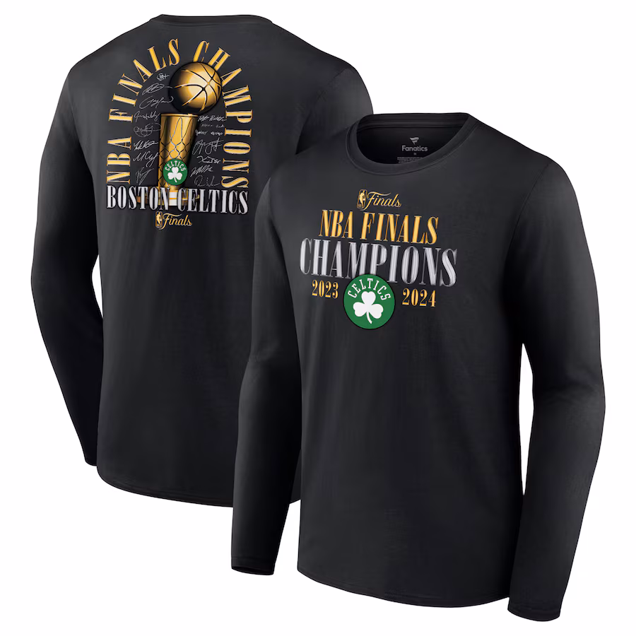 Men's Boston Celtics Fanatics Black 2024 NBA Finals Champions Fade Away Jumper Roster Signature Long Sleeve T-Shirt - ujerseystore