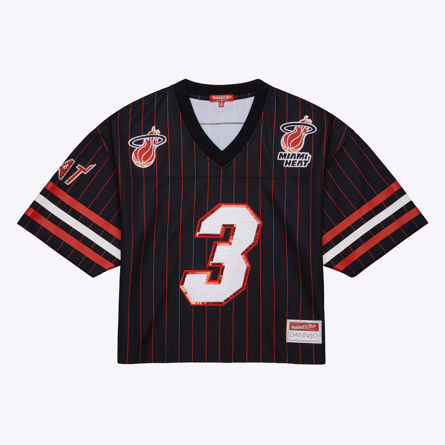 Women's Miami Heat Dwyane Wade Mitchell & Ness x DANNIJO Black Cropped Football Fashion Jersey - ujerseystore