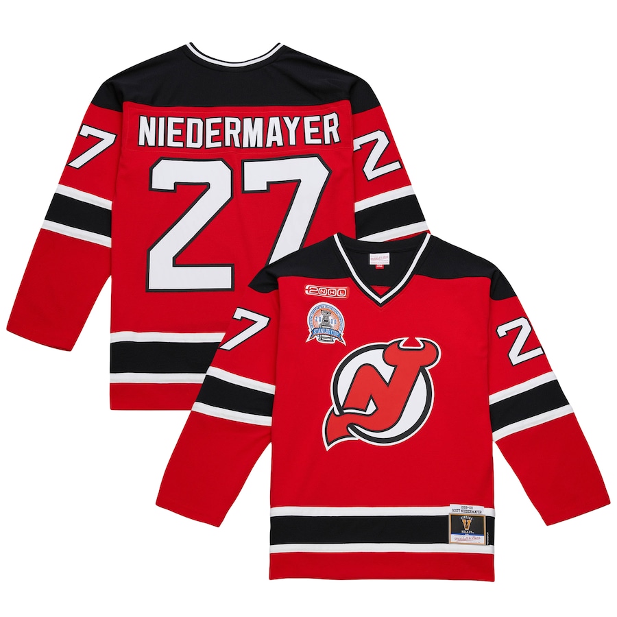 Men's New Jersey Devils Scott Niedermayer Mitchell & Ness Red Big & Tall 1999/00 Blue Line 2.0 Jersey - ujerseystore