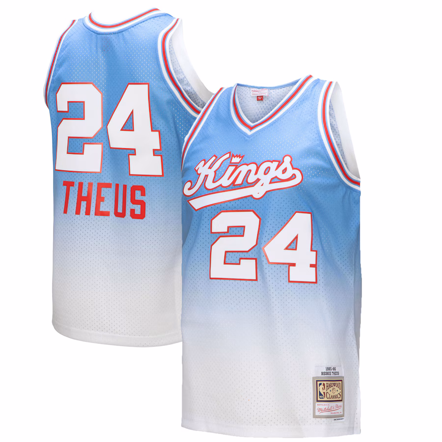Men's Sacramento Kings Reggie Theus Mitchell & Ness White/Light Blue 1985/86 Hardwood Classics Fadeaway Swingman Player Jersey - ujerseystore