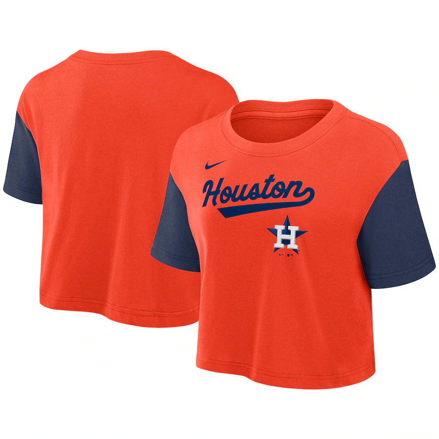 Women's Houston Astros Nike Orange/Navy Script Cropped Performance T-Shirt - ujerseystore