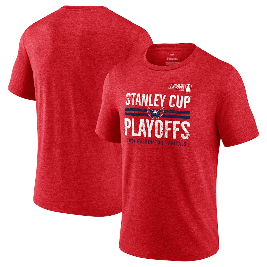 Men's Washington Capitals Fanatics Heather Red 2024 Stanley Cup Playoffs Crossbar Tri-Blend T-Shirt - ujerseystore