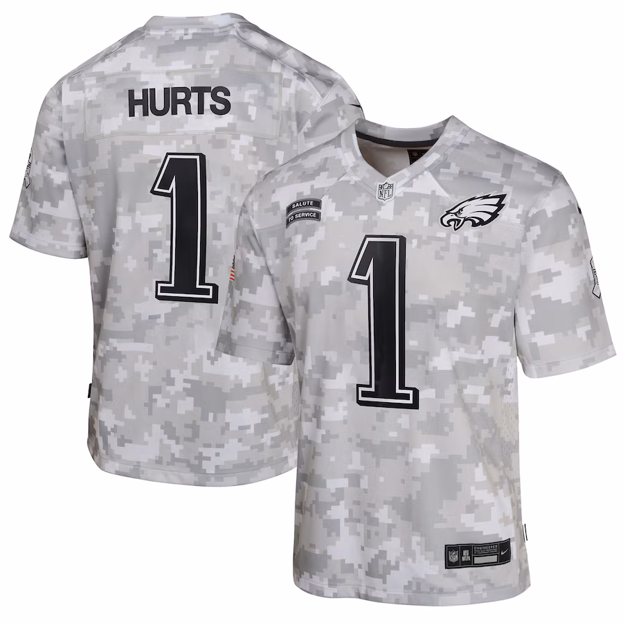 Youth Philadelphia Eagles Jalen Hurts Nike Arctic Camo 2024 Salute to Service Game Jersey - ujerseystore