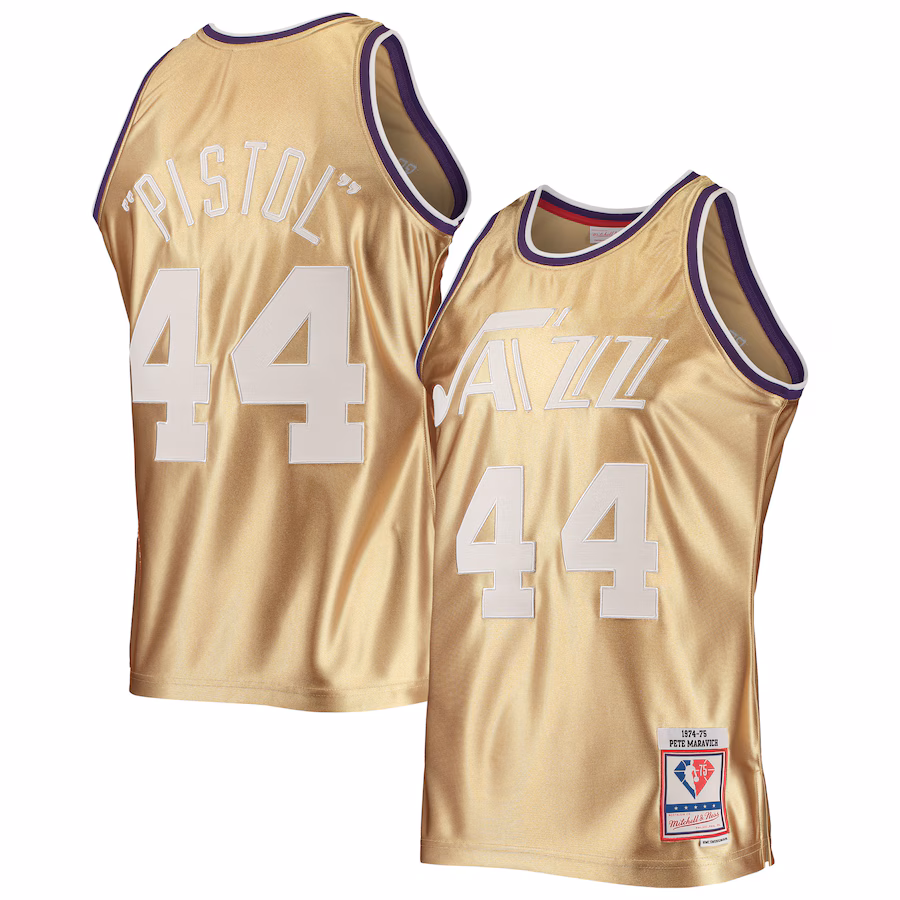 Men's New Orleans Jazz Pete Maravich Gold Mitchell & Ness 75th Anniversary 1974/75 Hardwood Classics Swingman Jersey - ujerseystore