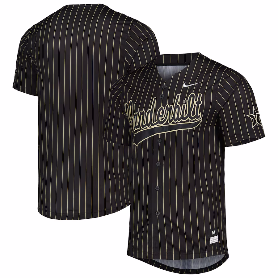 Men's Nike Black/Gold Vanderbilt Commodores Pinstripe Replica Full-Button Baseball Jersey - ujerseystore