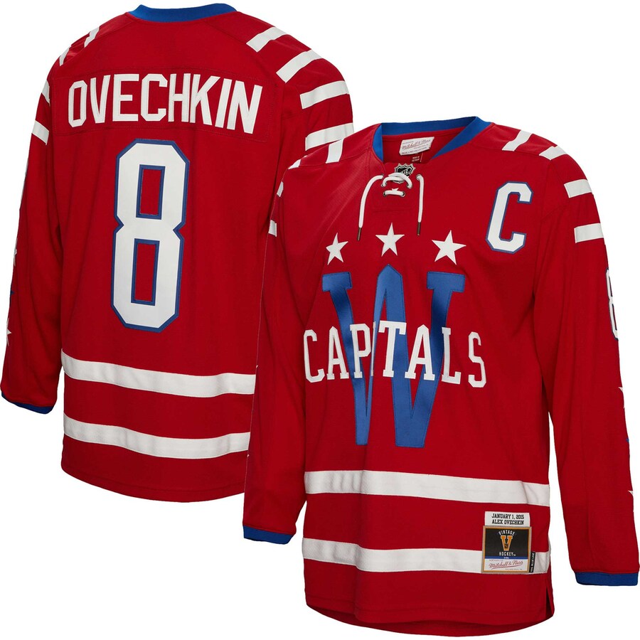 Men's Washington Capitals Alexander Ovechkin Mitchell & Ness Red 2015 Captain Patch Blue Line Player Jersey - ujerseystore