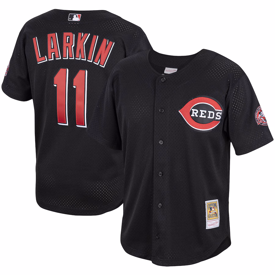 Men's Cincinnati Reds Barry Larkin Mitchell & Ness Black Cooperstown Collection Mesh Batting Practice Button-Up Jersey - ujerseystore