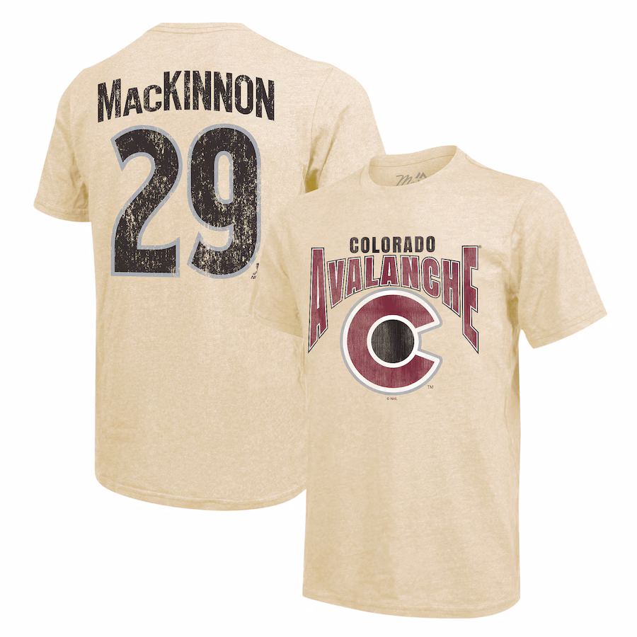 Men's Colorado Avalanche Nathan MacKinnon Majestic Threads Cream Dynasty Name & Number Tri-Blend T-Shirt - ujerseystore