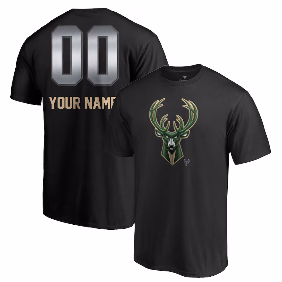 Men's Milwaukee Bucks Black Midnight Mascot Personalized Name & Number T-Shirt - ujerseystore