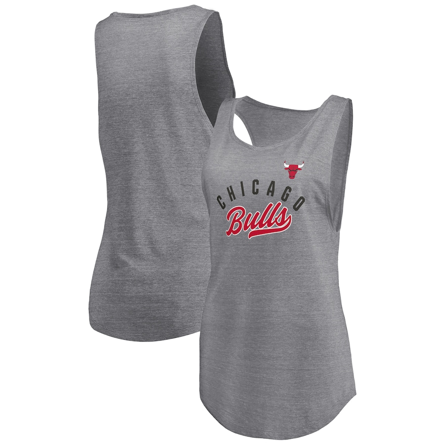 Women's Chicago Bulls Fanatics Heathered Gray Quality Time Open Scoop Neck Tri-Blend Tank Top - ujerseystore