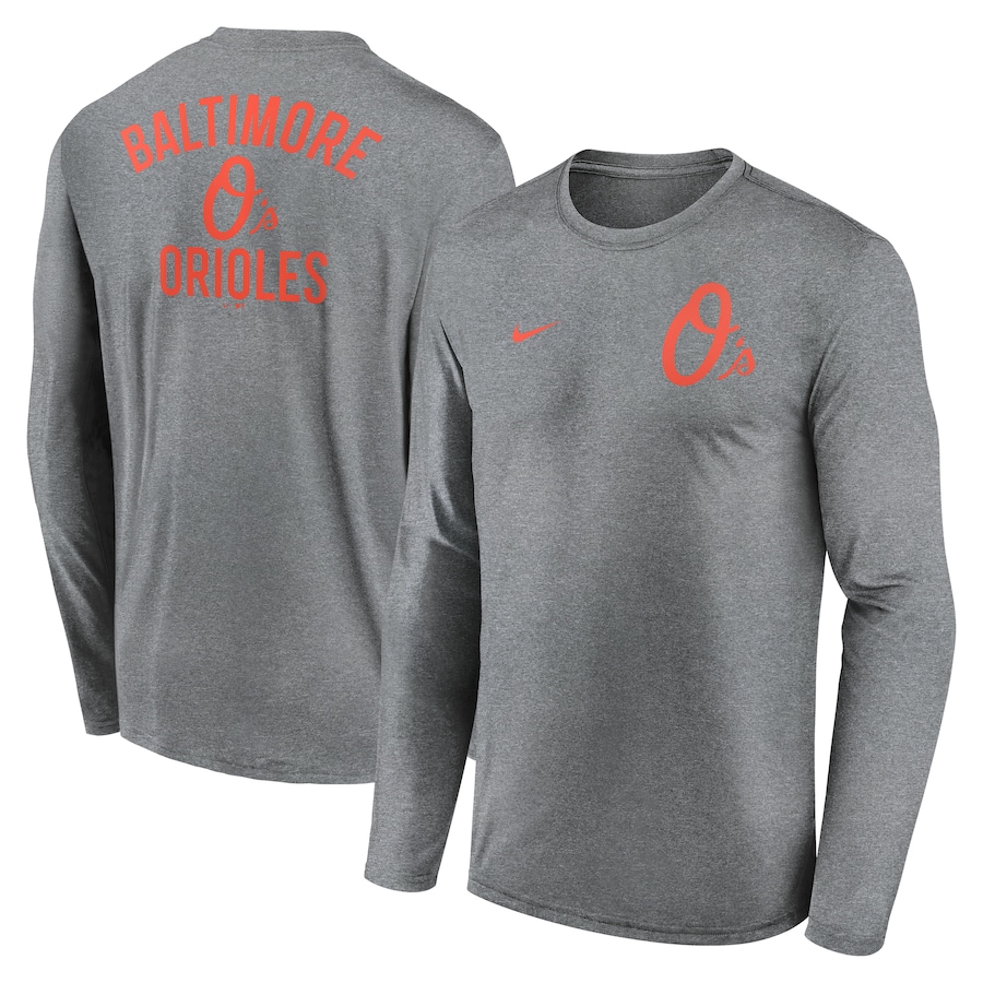 Men's Baltimore Orioles Nike Heather Charcoal 2-Hit Legend Performance Long Sleeve T-Shirt - ujerseystore