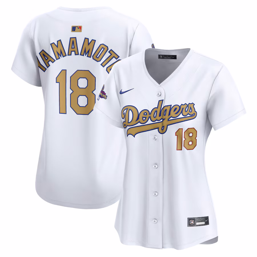 Women's Los Angeles Dodgers Yoshinobu Yamamoto Nike White 2025 Gold Collection Limited Jersey - ujerseystore