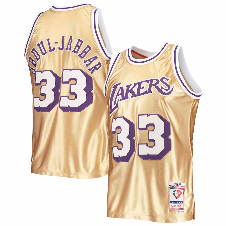 Men's Los Angeles Lakers Kareem Abdul-Jabbar Gold Mitchell & Ness 75th Anniversary 1983/84 Hardwood Classics Swingman Jersey - ujerseystore