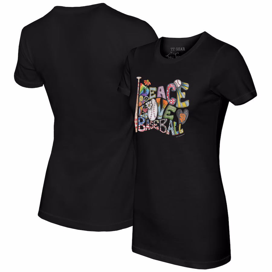 Women's San Francisco Giants Tiny Turnip Black Peace Love Baseball Fitted T-Shirt - ujerseystore