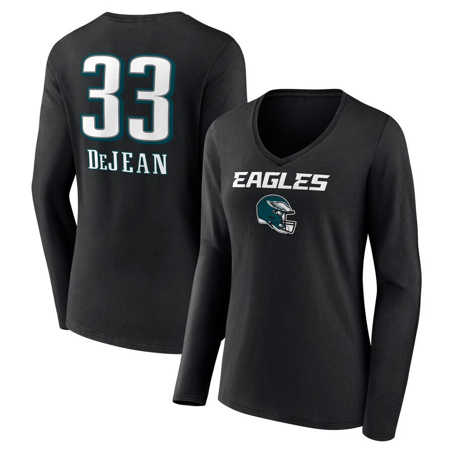 Women's  Philadelphia Eagles Cooper DeJean Black Team Wordmark Name & Number Long Sleeve V-Neck T-Shirt - ujerseystore