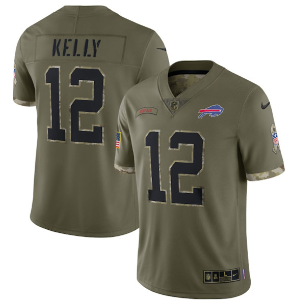 Men's Buffalo Bills #12 Jim Kelly 2022 Olive Salute To Service Limited Stitched Jersey - ujerseystore