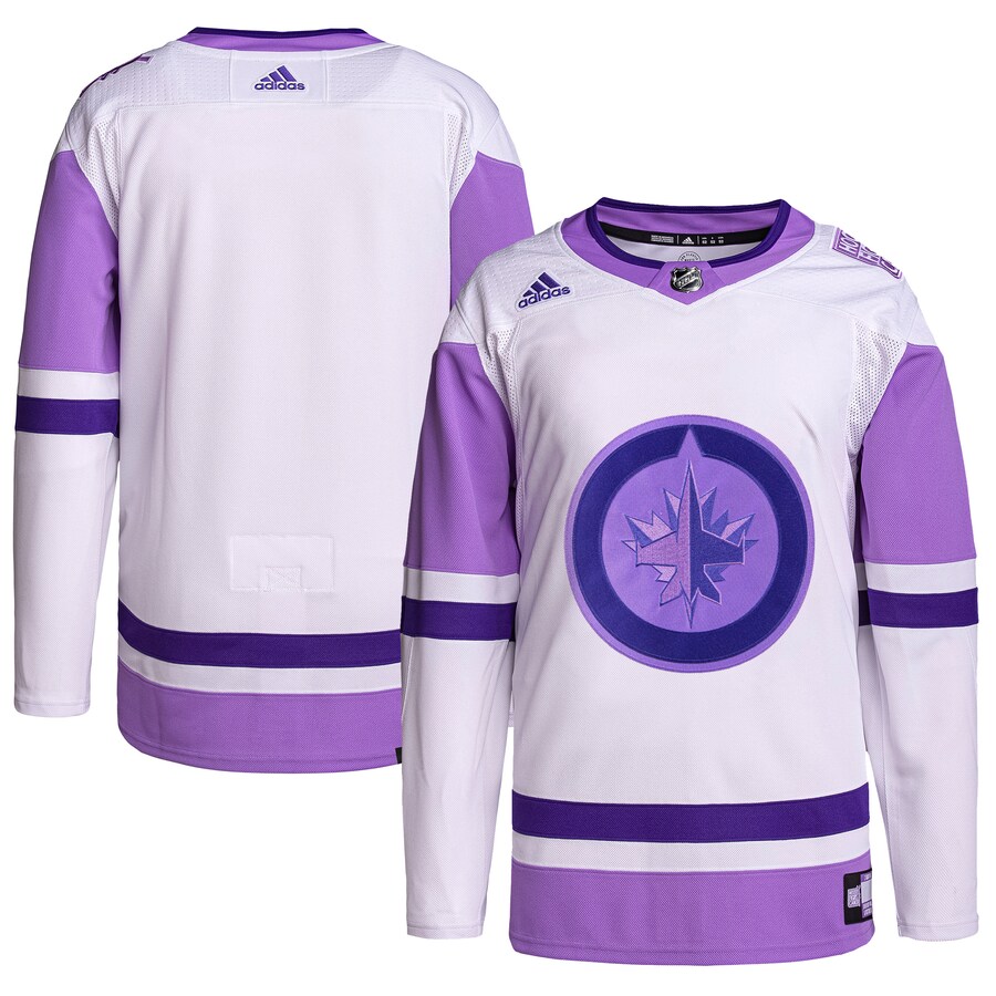 Men's Winnipeg Jets adidas White/Purple Hockey Fights Cancer Primegreen Authentic Blank Practice Jersey - ujerseystore