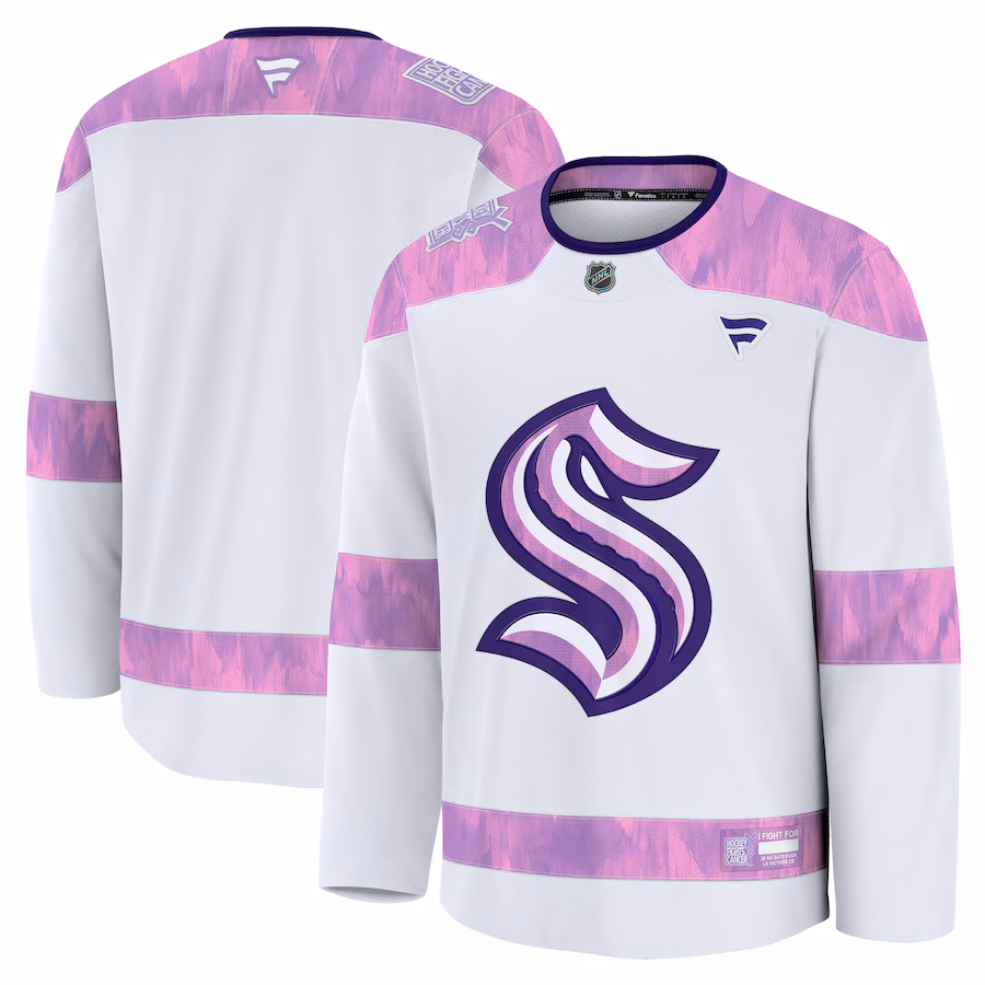 Men's Seattle Kraken Fanatics White 2024 Hockey Fights Cancer Practice Jersey - ujerseystore