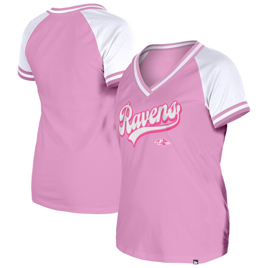 Women's Baltimore Ravens New Era Pink Color Multiplier V-Neck T-Shirt - ujerseystore