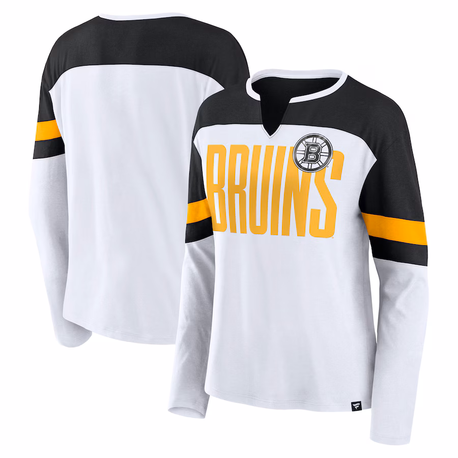Women's Boston Bruins Fanatics White/Black Frozen Long Sleeve Notch Neck T-Shirt - ujerseystore