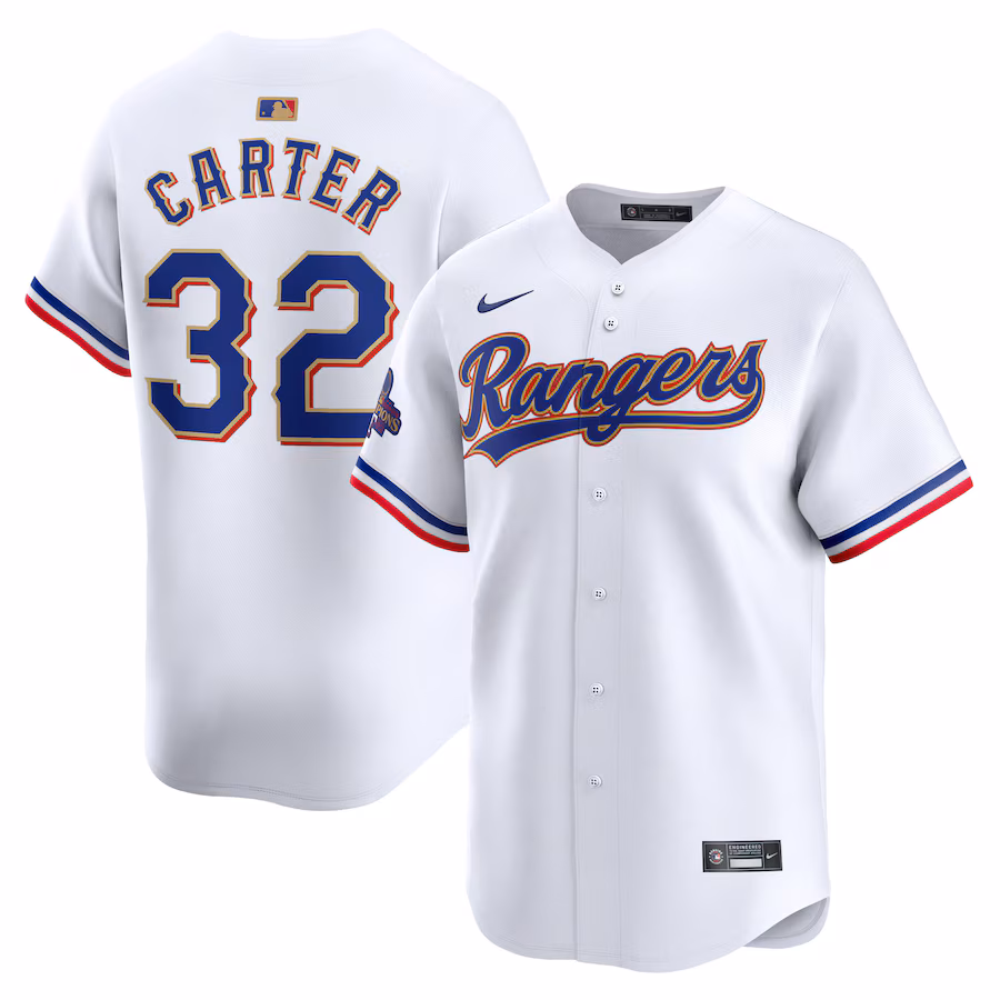 Men's Texas Rangers Evan Carter Nike White 2024 Gold Collection Limited Player Jersey - ujerseystore