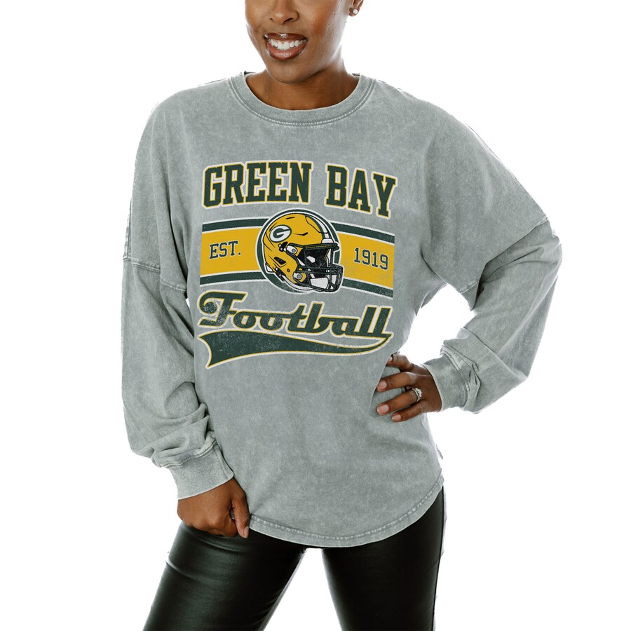 Women's Green Bay Packers  Gameday Couture Gray  Snow Wash Oversized Long Sleeve T-Shirt - ujerseystore