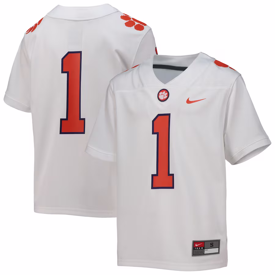 #1 Clemson Tigers Nike Youth Replica Football Jersey - White - ujerseystore