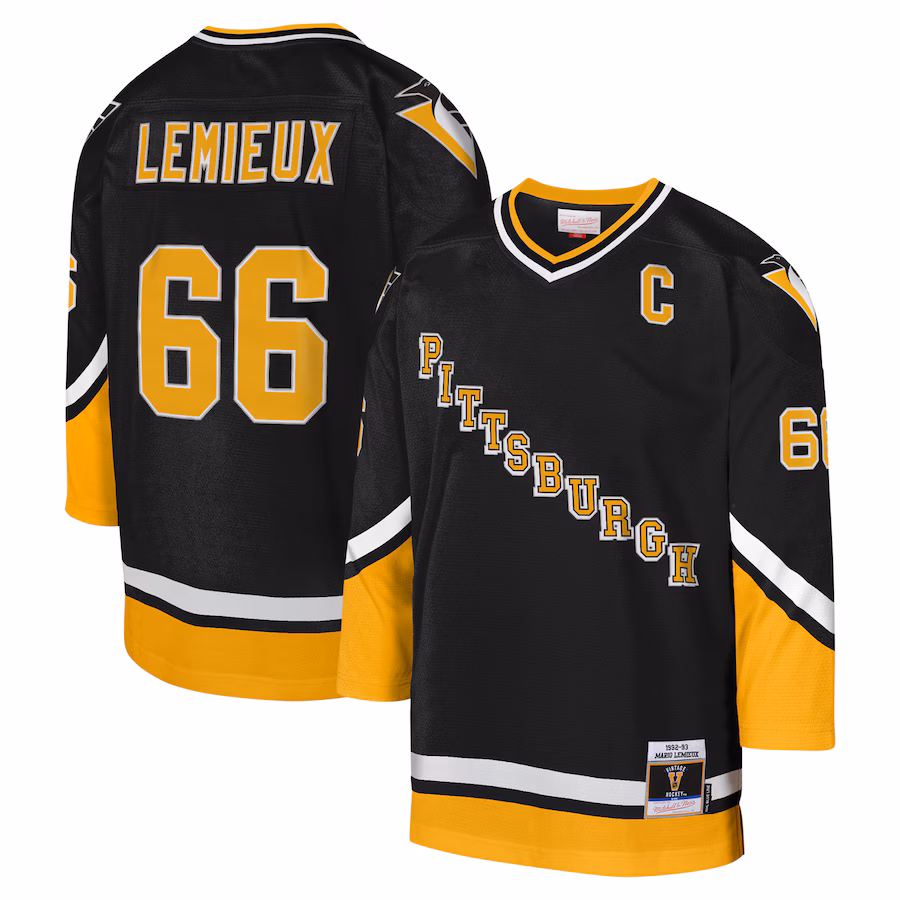 Youth Pittsburgh Penguins Mario Lemieux Mitchell & Ness Black 1992-93 Blue Line Captain Patch Player Jersey - ujerseystore